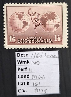 1934 Australia 1/6 Dull Claret Hermes stamp No WMK P11 MUH Cat $125.00.