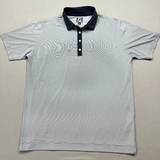 Footjoy Polo Mens Large FJ Navy Blue White Striped Athletic Fit Stretch EUC