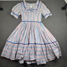 Vintage Pastel Striped Heart Print Ruffle Prairie Square Dance Dress Short