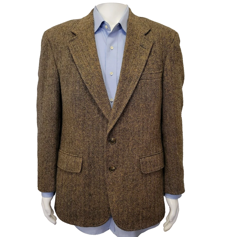 Lands' End Harris Tweed спортивное пальто мужской 43R herringbone куртка черный желтовато-коричневый США винтажный - Изображение 3 из 4