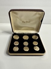 GREAT VINTAGE TOP BRASS GOLD TONE CREST CUFFLINKS  STUDS SET IN BOX