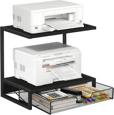 2-Tier Printer Shelf with Drawers, Wooden Desk Organizer Shelf for Small