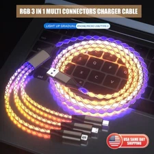 2024 RGB 3 in 1 Multi Charger Cable LED Light Up Glowing Fast Charging Cord 4ft