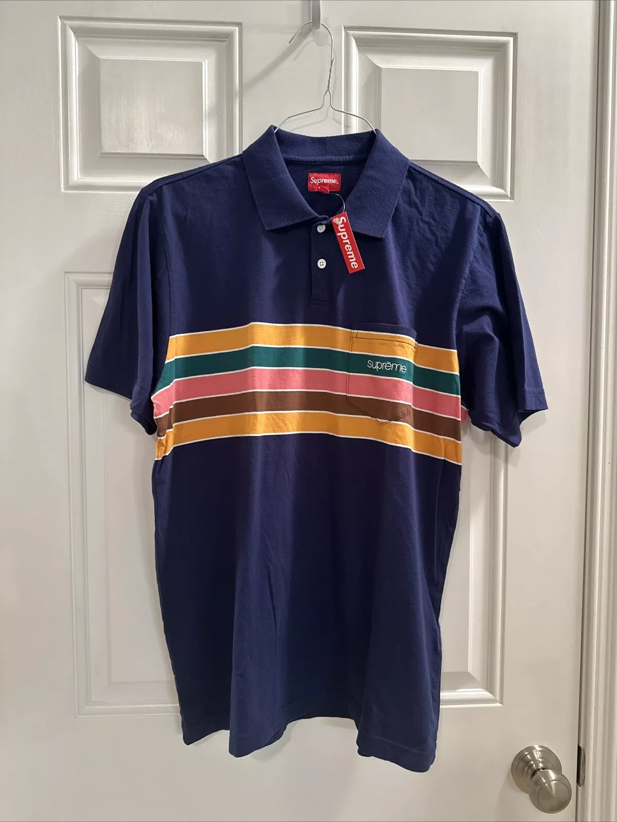 Polo bleu à rayures poitrine Supreme bleu col SS moyen poche poitrine 53979 SS18KN21 neuf avec étiquette