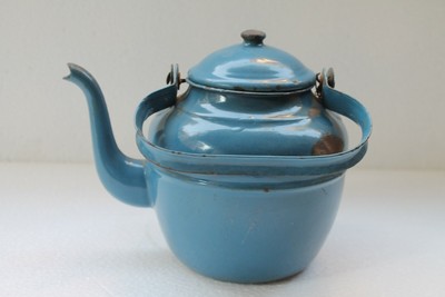 Vintage Old Iron Enamel Kettle Blue Colored Tea Pot Made In