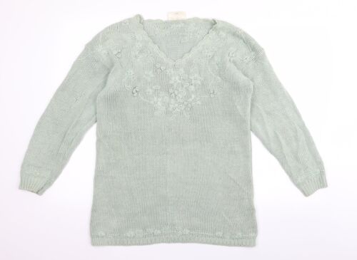 knitwear collection Womens Green V-Neck Floral Cotton Pullover Jumper One Size - Picture 1 of 12