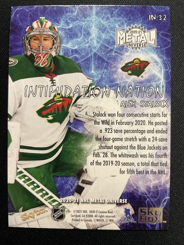 20-21 UD NHL Metal Universe Sky Box Intimidation Nation IN-32 Alex Stalock - Picture 2 of 2