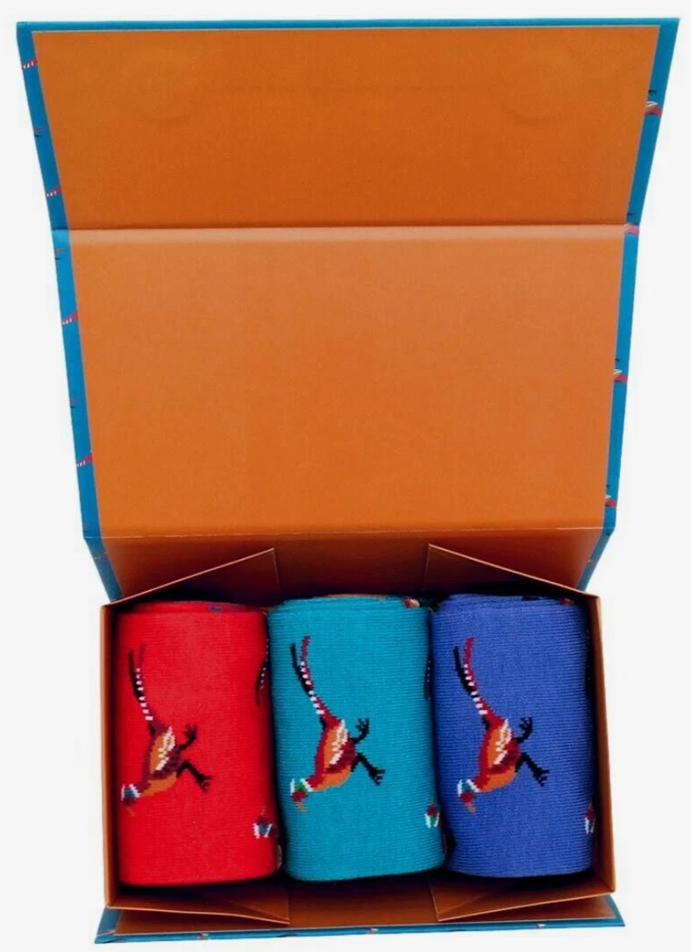 Mens Socks Gift Box 3 Pair Pack Pheasants Blue Teal Red Purple Bamboo Cotton