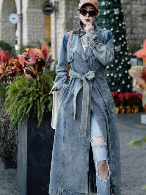Denim Long Trench Coats Women Jeans Belted Loose Jackets Overcoat Autumn  Vintage