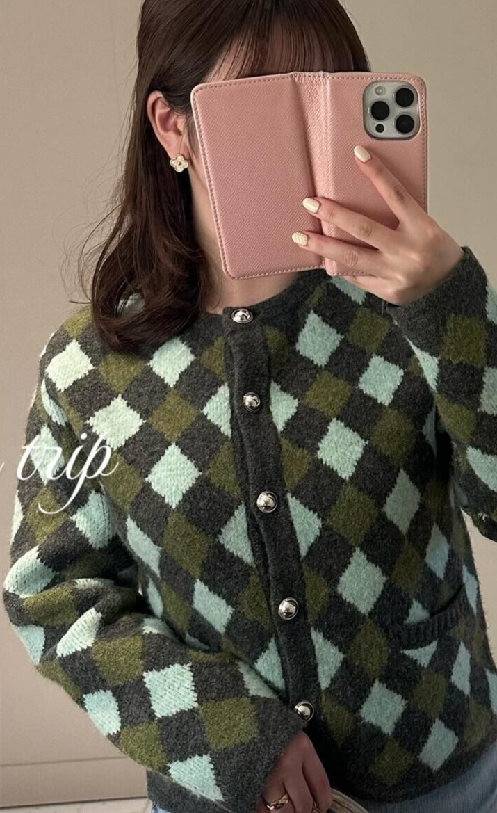 Zara Knit Diamond Jacquard Cardigan Green Multicolour Size S Small