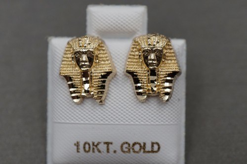 10K Solid Yellow Gold 0.5" Diamond Cut Egyptian Pharaoh Sphinx Stud Earring. - Picture 9 of 11