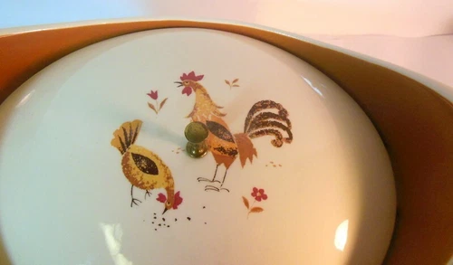 Vtg Taylor Smith Taylor lidded CASSEROLE Bowl Reveille ROOSTER Mid Century Mod