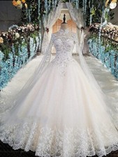 Luxury Pearls Wedding Dresses High Neck Long Sleeved with Cape Tulle Ball Gowns