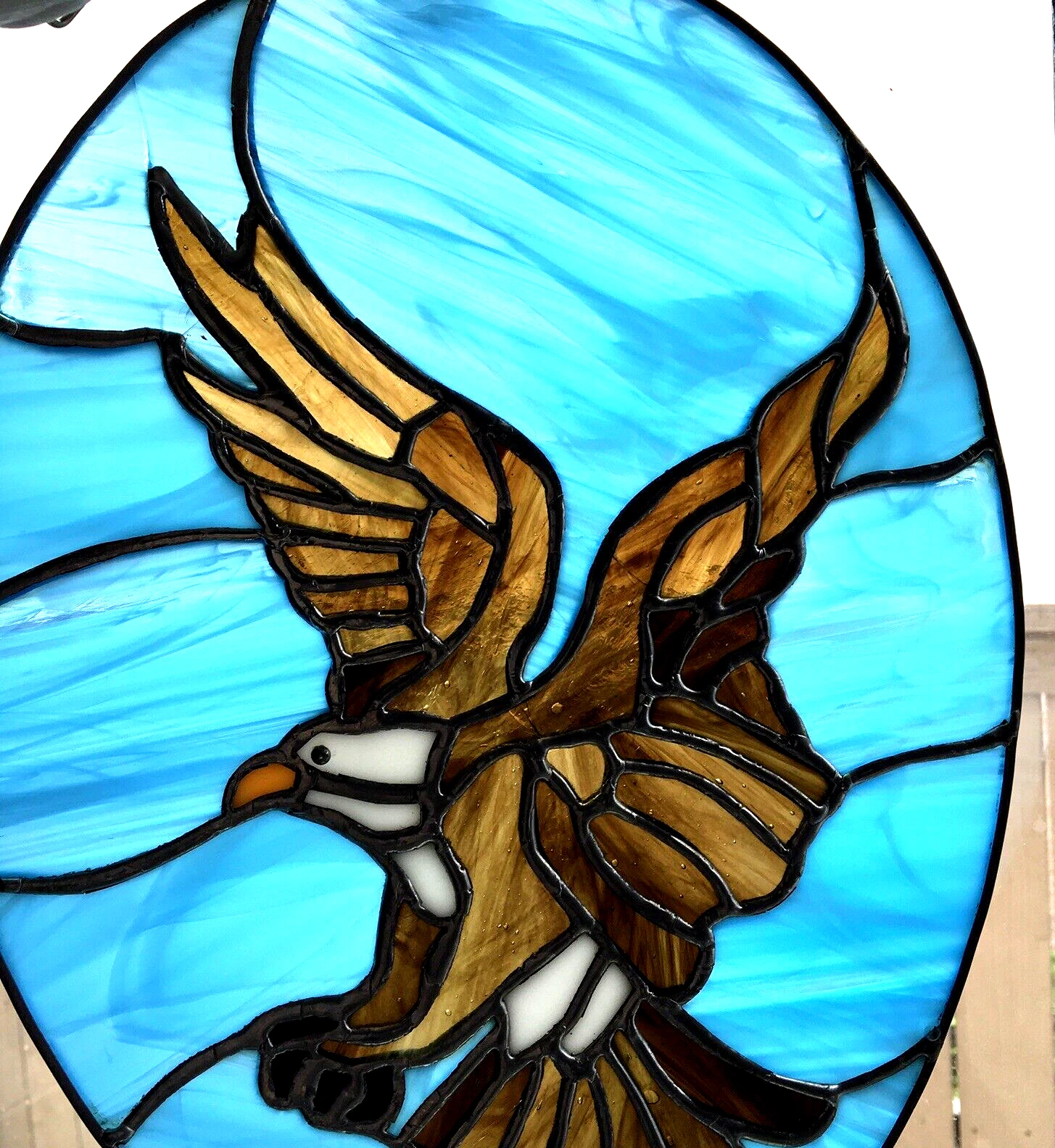 Vintage Stained Glass Flying American Bald Eagle Blue Sun Catcher Oval 12" x 9"