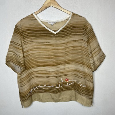 KD Spring Lagenlook Artsy Short Sleeve Top Tan V-Neck Shirt Lined Women s XL