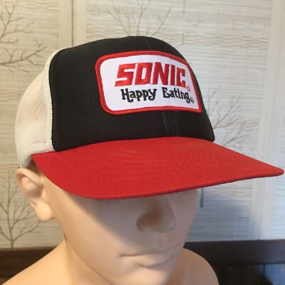 Vintage 70's 80's Red Sonic Happy Eating Trucker Mesh Snapback Cord Hat 