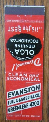 OLGA COAL MATCHBOOK COVER: EVANSTON FUEL & MATERIAL CO. 1940s MATCHCOVER -D5