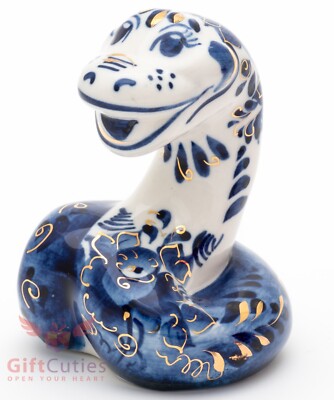 Gzhel Porcelain Snake Figurine with Gold Accents, Symbol of 2025, Handmade Гжель