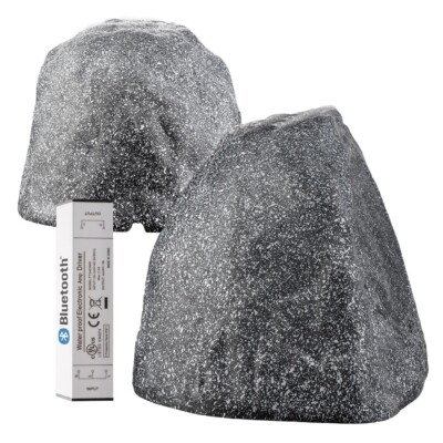 BTR805-GREY 8'' Bluetooth 5.0 Outdoor Rock Speaker Pair, Weather Resistant, Grey