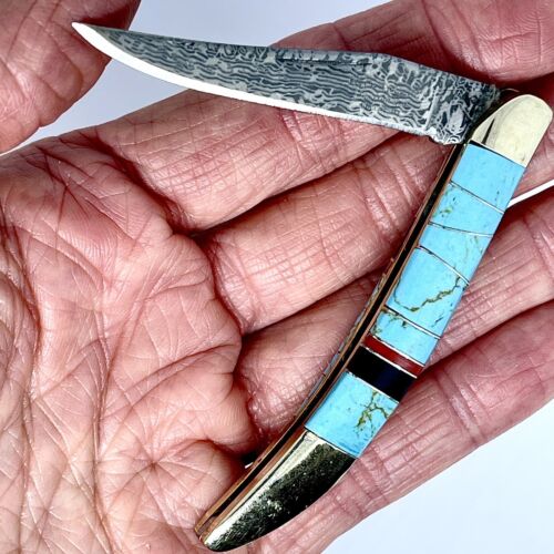 Navajo Turquoise Red Jasper Folding Pocket Knife 2" Damascus Blade Small Inlay - Picture 1 of 6