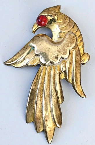Antique Vintage Gold Tone Art Deco Phoenix Bird Brooch Red Eye Estate Jewelry