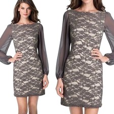 Eliza J Lace Overlay Mini Cocktail Dress Sheer Long Sleeve Boatneck Gray 14