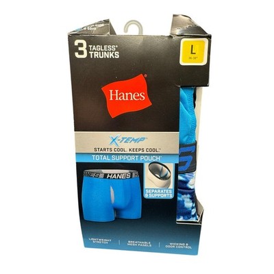 3 Tagless Hanes Men's Trunks Size Large 36''-38'' Total Support Pouch X-Temp Blue