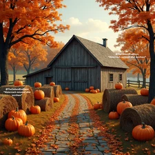 Digital AI Photo Art Picture Desktop Wallpaper Background Barn Fall Pumpkins