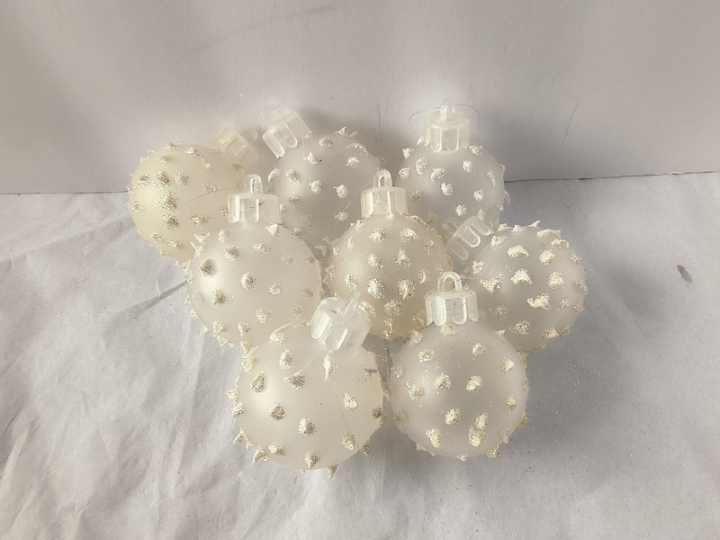 Vintage Small Plastic White Glittered Polka Dots Sputnik Christmas Ornament Lot