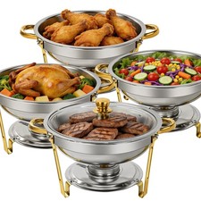 Gold 4 Pack 6QT Round Chafing Dish Buffet Set Stainless Steel w/ Glass Lids