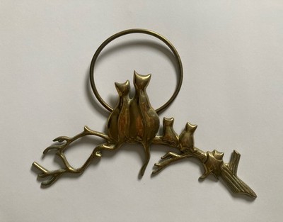Vintage Mid Century Messing Katze Wandbehang - Katzen sitzen auf Ast in Sonne/Mond 