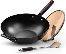 Carbon Steel Wok 13.5" Pre Seasoned Flat Bottom with Lid Stir Fry Pan