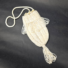 Antique Art Deco Beaded Drawstring Purse Flapper Loop Fringe Evening Bag White