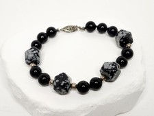 Vintage Black and Snowflake Round & Hexagonal Barrel Obsidian Bead Bracelet