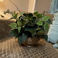 Ceramic Leaf Pattern Antique Finish Brown Bowl Planter Medium Nature Decor.