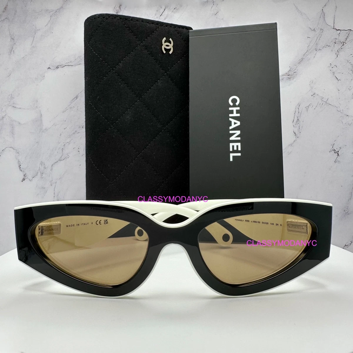 CHANEL CH6056 1656/53 Sunglasses Black White Cat Eye Interlocking