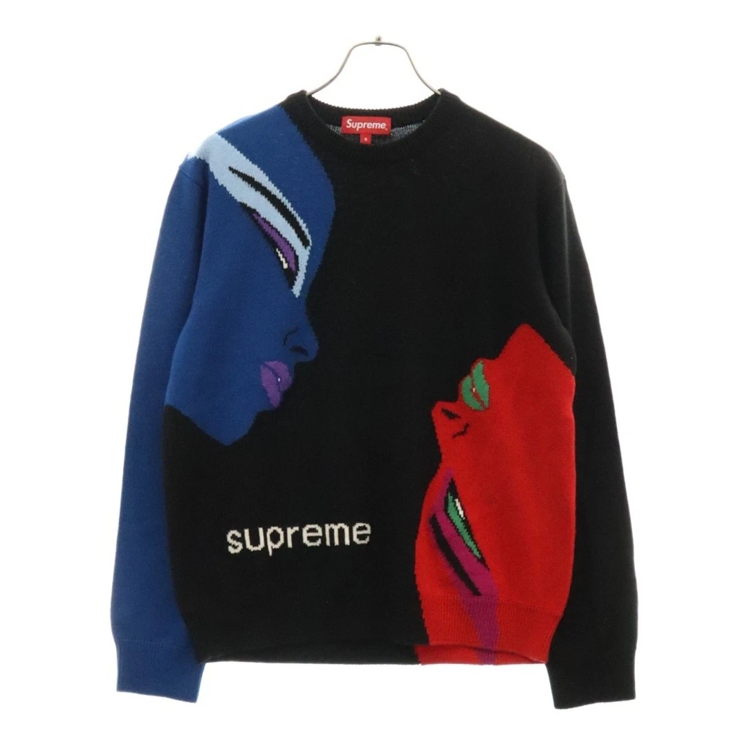 Pull visages SUPREME 21AW design visage col rond tricot noir occasion b997cd122f70e093