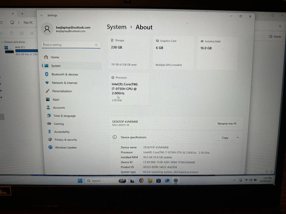 Acer Nitro 5 Gaming Laptop 1920 x 1080, 15.6-inch, Intel Core I7, 16gb Ram - Image 3 of 3