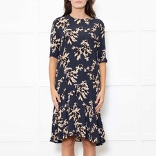GANNI St Pierre Crepe Floral Dress Navy Blue Tan Ruffle Hem Size 10 L Shift
