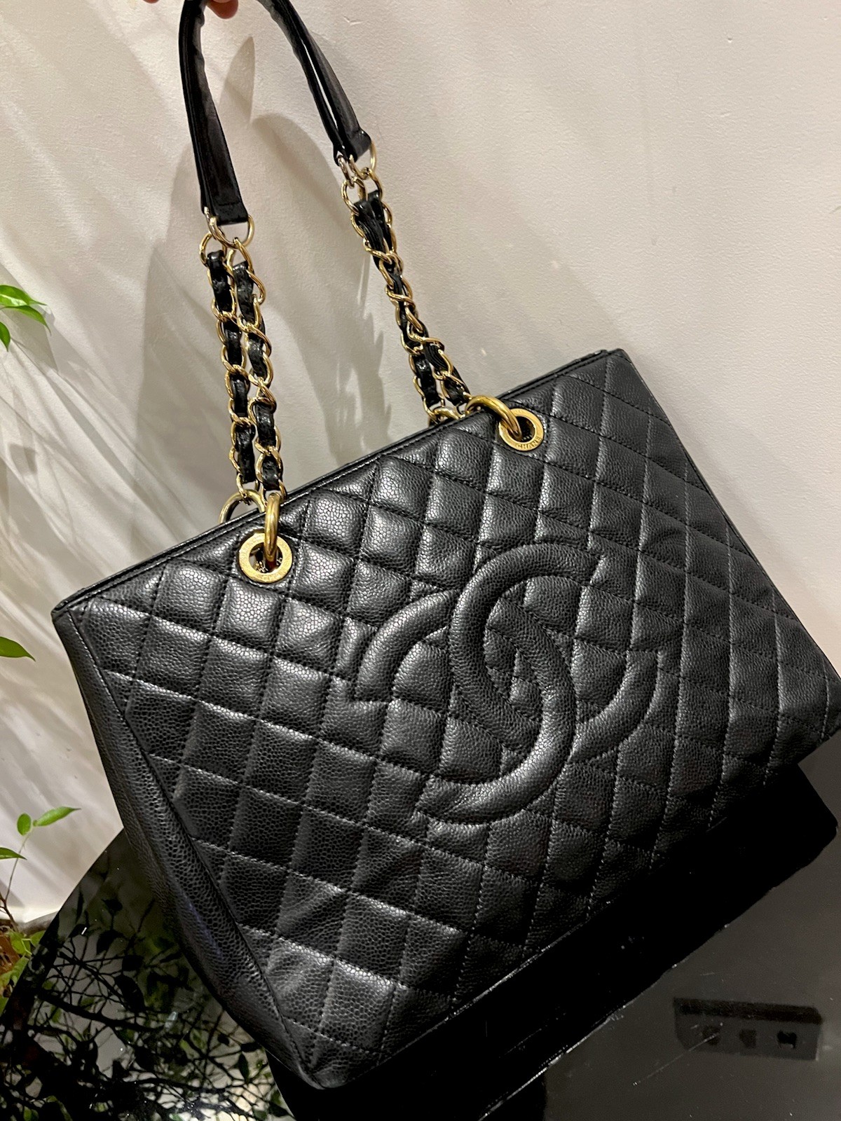 Genuine CHANEL Caviar Leather Black Grand Shopping Tote Bag Gold Chain Details