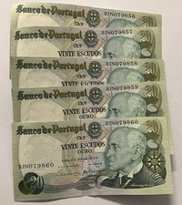 Portugal 🇵🇹  5 X 20 Escudos 1978 Consecutive Numbers Crisp Unc.   Lot P587