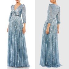 Mac Duggal Blue Sequined Embellished Wrap Over Gown Slate Blue 12 NWT 5509