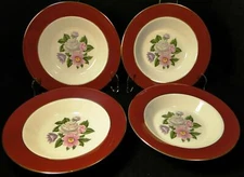 Homer Laughlin Margaret Rose Maroon Soup Bowls 8 3/8" MW185 Set of 4 Excellent
