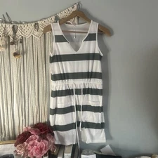 Green And White Stripped V Neck Romper 