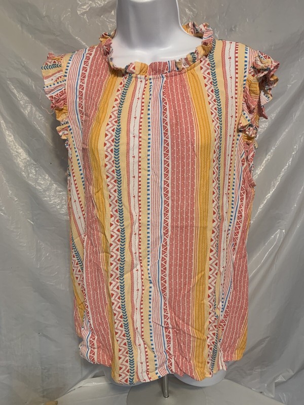 Girl’s Staccato Aztec Mock Neck Ruffle Trim Sleeveless Top - L - Multi - GUC