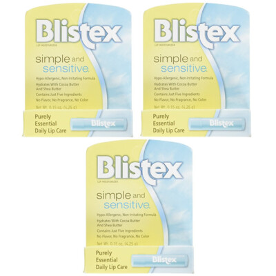 3 Pack Blistex Simple And Sensitive Lip Moisturizer 0.15 Oz Each