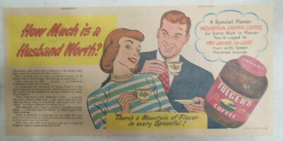 Folger's Coffee Ad: How Much is Husband Worth ! from 1949 7.5 x 15 Inch