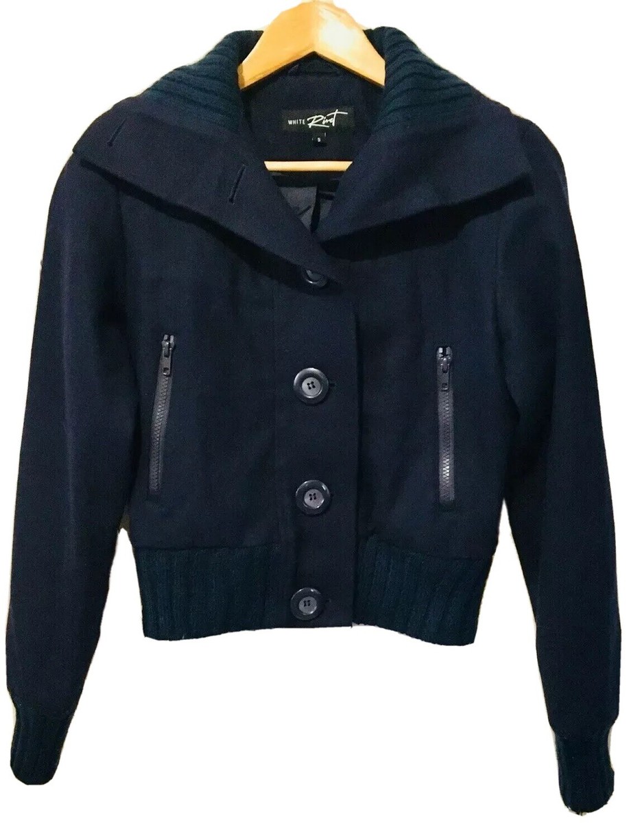 New Bomber Jacket Wool Blend Button Closure Navy Blue Womens New Bomber Jacket Wool Blend Button Closure Navy Blue Womens