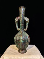 Antigua olla de vino oreja de elefante Fengshui inscripción de la dinastía de bronce china de 13,6"