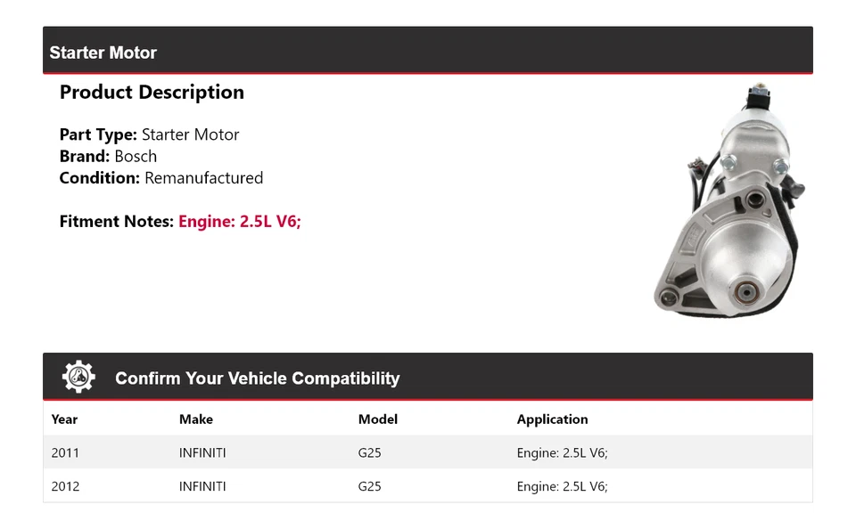 Arrancador Bosch Infiniti G25 2011-2012 2,5 L V6 (remanufacturado) Foto 2 de 4